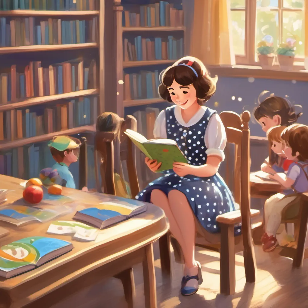 A young, enthusiastic teacher with a polka-dot dress, always ready to make learning fun and exciting sitting on a chair, reading a storybook to the children who are seated in front of her, listening excitedly.