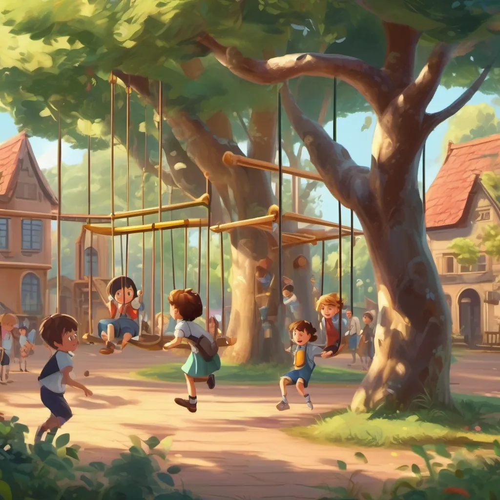 Kids playing happily in the school playground, some on swings and slides, others playing tag.