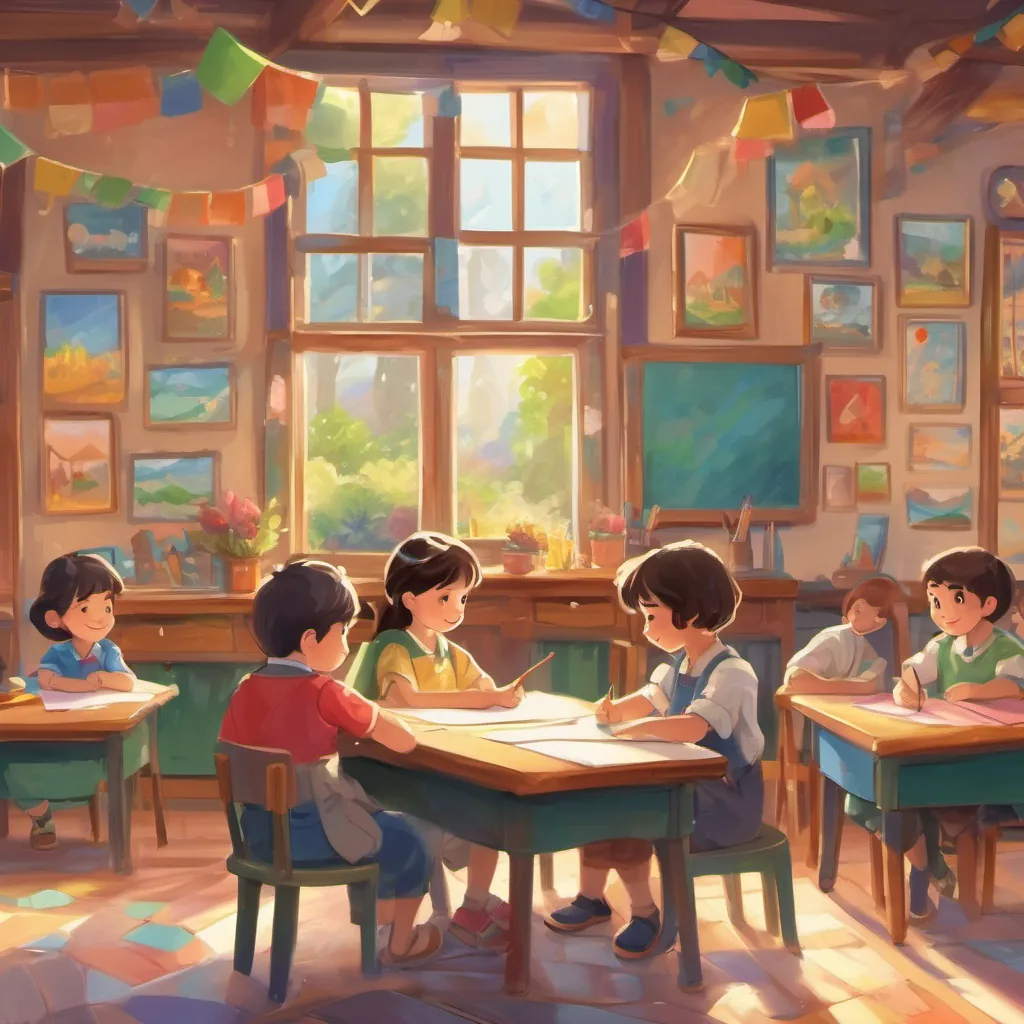 Children sitting at a table in the classroom, drawing and painting happily, showcasing their colorful artworks.