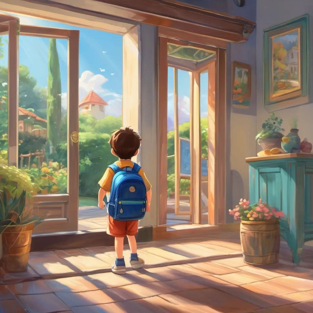 A toddler in a colorful shirt and a shiny blue backpack, standing by a doorway, ready to step out into a bright, sunny day.