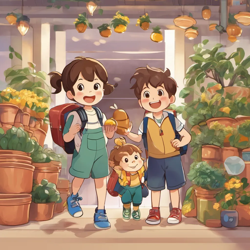 Three children standing together: A happy toddler with brown hair and a cheerful smile, A creative boy with a bee-shaped lunchbox, full of great ideas and enthusiasm with a bee-shaped lunchbox, and A playful boy with squeaky sneakers and an energetic personality showing off his squeaky sneakers.