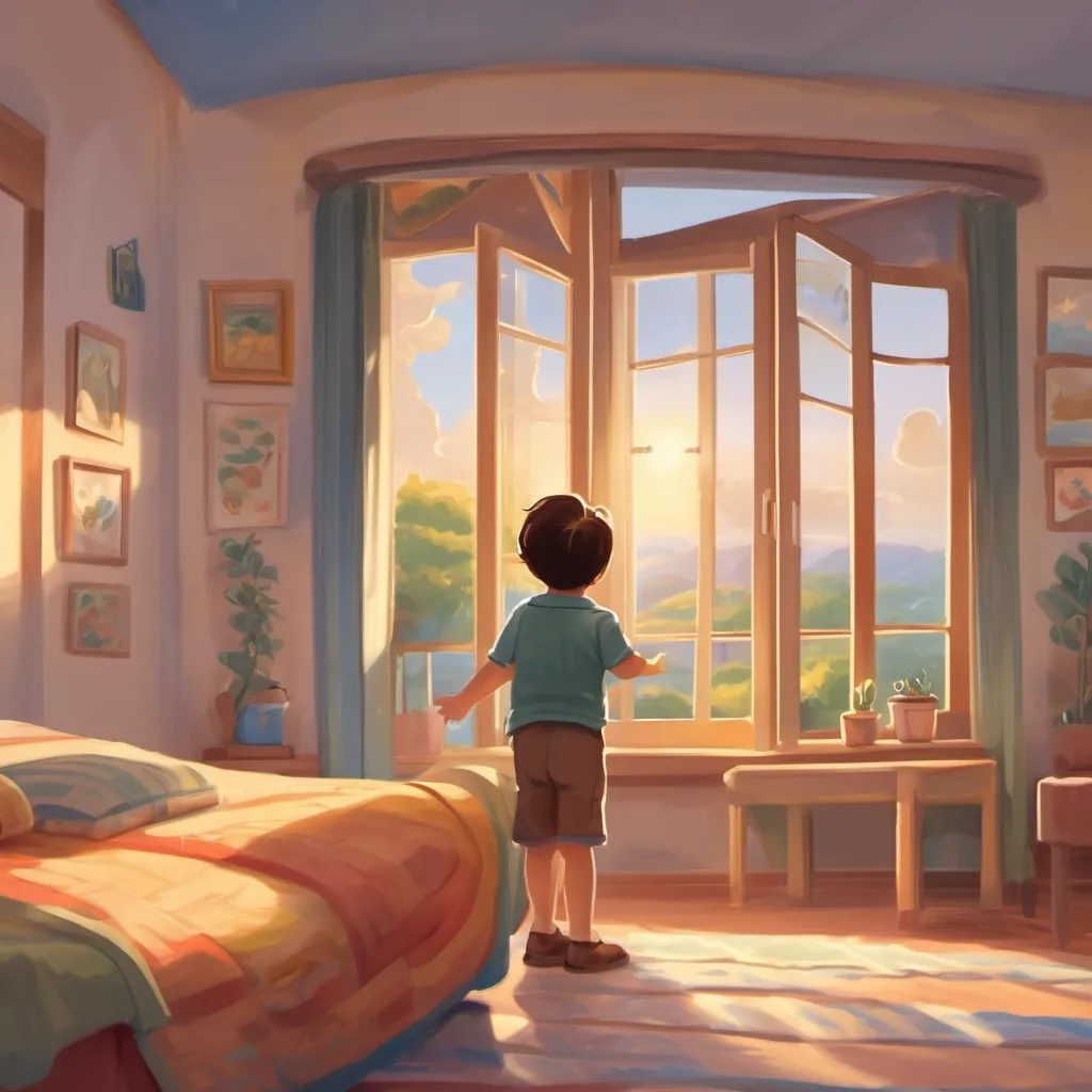 A cheerful young toddler with bright eyes and brown hair, looking out his bedroom window with a big smile, sun shining brightly in the morning sky.