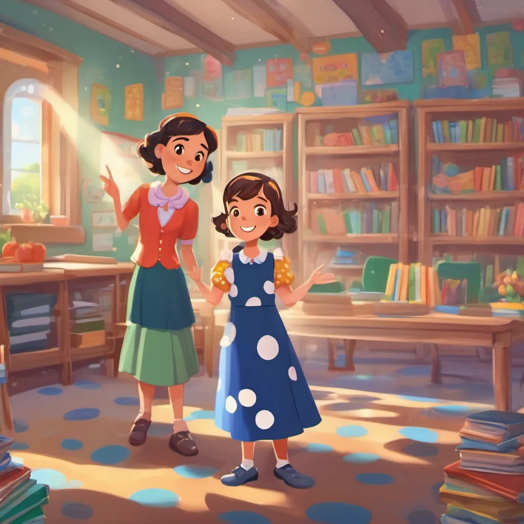 A young, enthusiastic teacher with a polka-dot dress, always ready to make learning fun and exciting, a young teacher with bright eyes and wearing a polka-dot dress, clapping her hands happily in a colorful classroom.