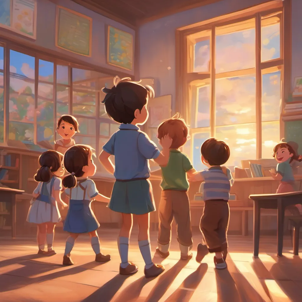 Children standing in the classroom, singing together, while A cheerful young toddler with bright eyes and brown hair, filled with curiosity and excitement waves goodbye cheerfully, the sunset visible through the window.