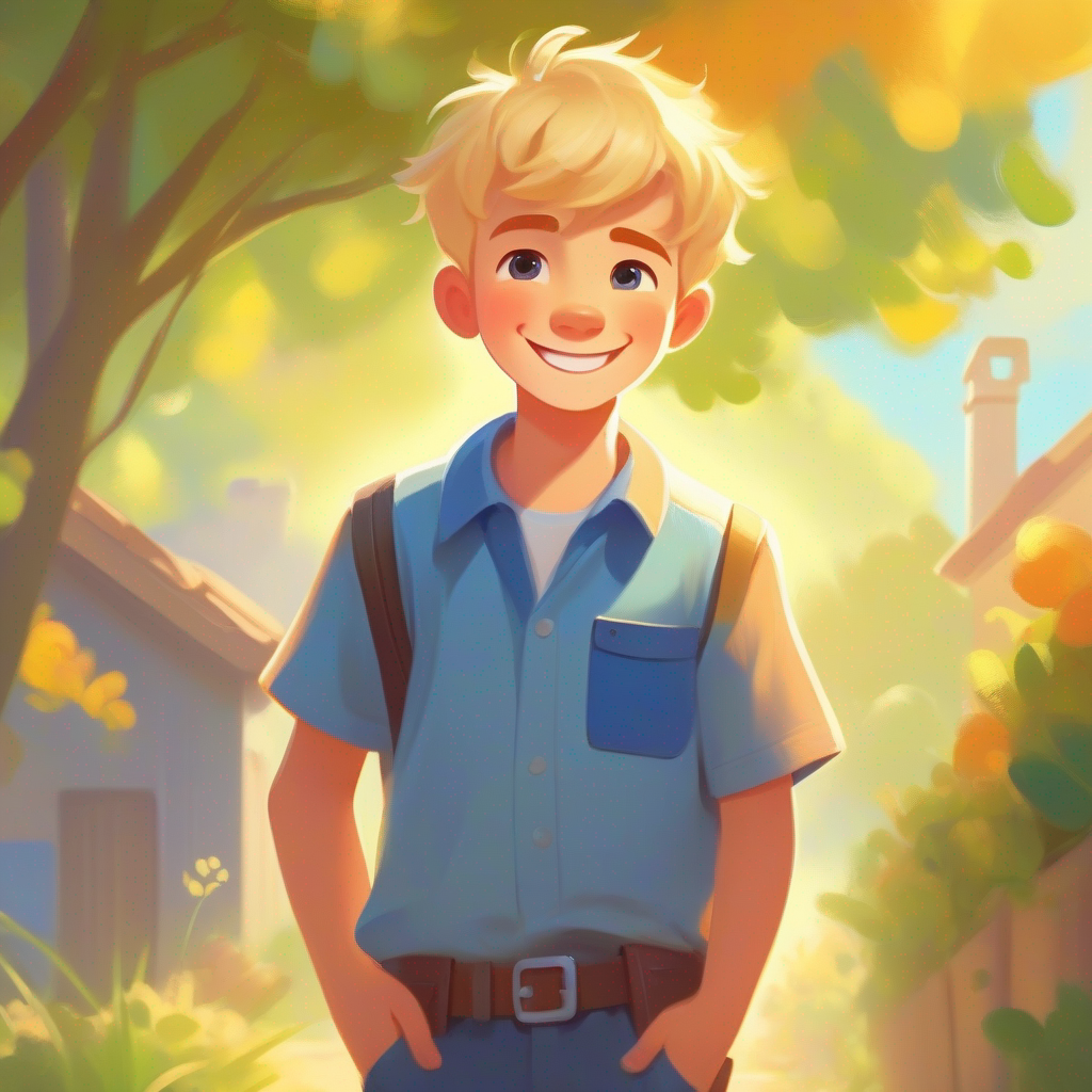 Friendly boy with blonde hair, blue shirt, and a helpful smile. smiling, holding a tool box, bright and sunny background.