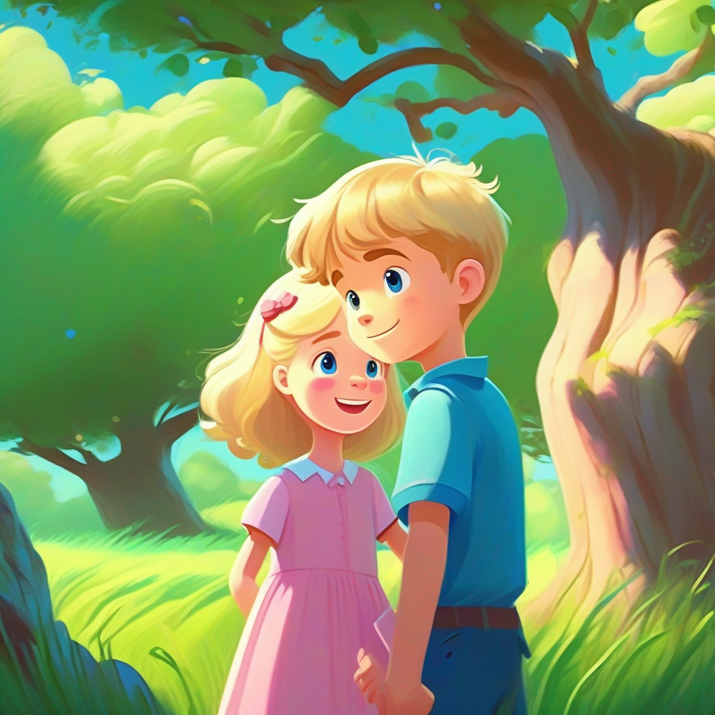 Friendly boy with blonde hair, blue shirt, and a helpful smile. and Happy girl with brown hair, pink dress, and a sad expression. looking under a tree, green grass and blue sky.