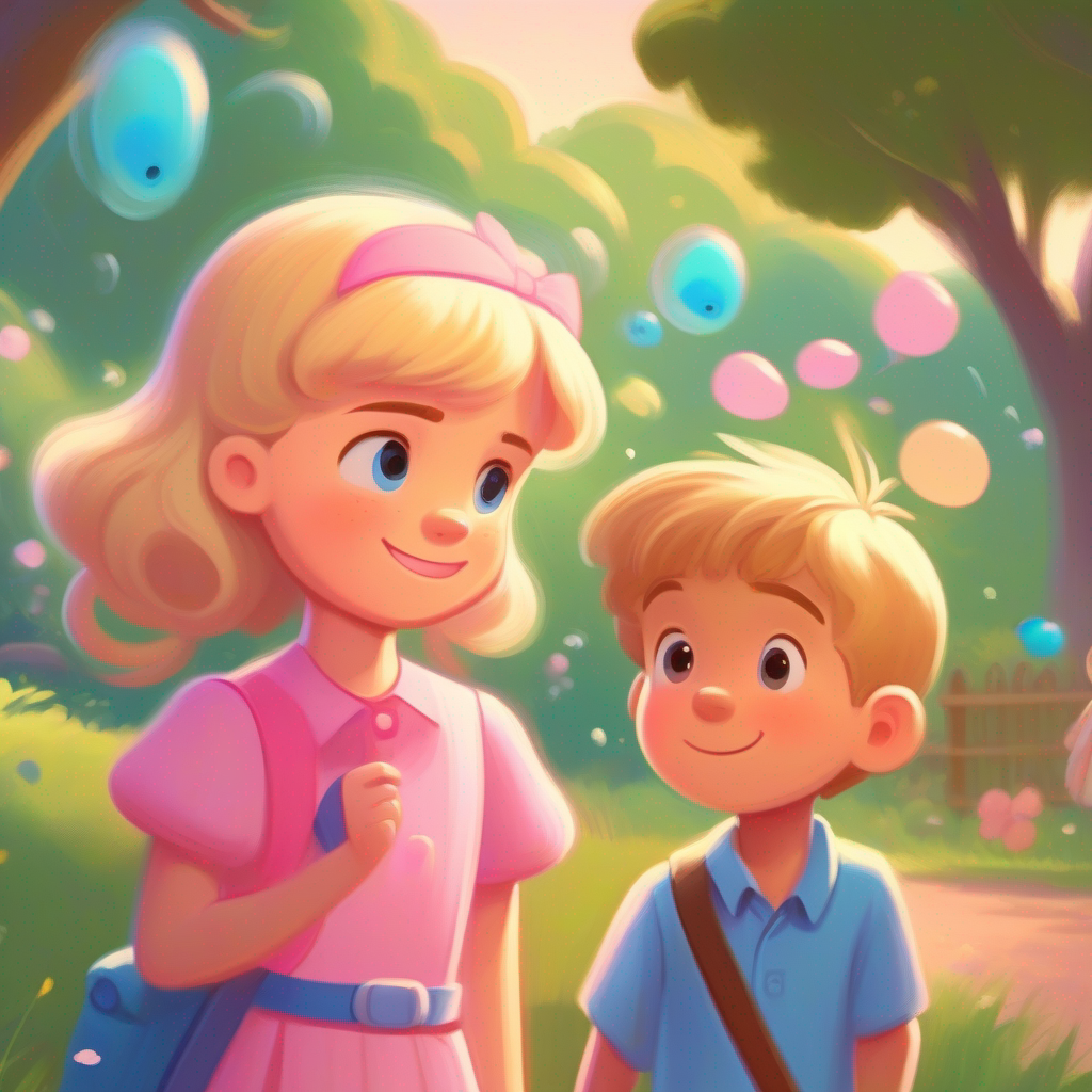 Friendly boy with blonde hair, blue shirt, and a helpful smile. and Happy girl with brown hair, pink dress, and a sad expression. talking, thinking bubbles with park and toy.