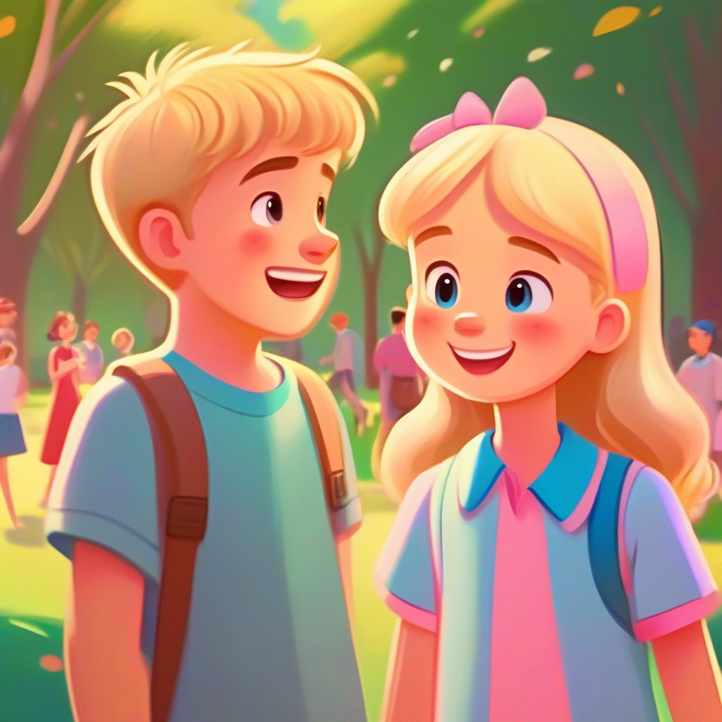 Friendly boy with blonde hair, blue shirt, and a helpful smile. and Happy girl with brown hair, pink dress, and a sad expression. talking to people at the park, colorful park background.