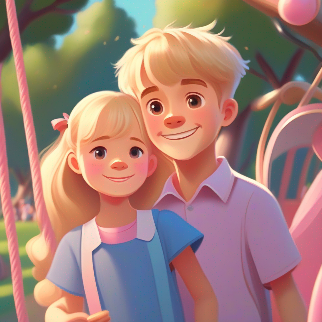 Friendly boy with blonde hair, blue shirt, and a helpful smile. and Happy girl with brown hair, pink dress, and a sad expression. smiling, holding the toy, park with swings in the background.