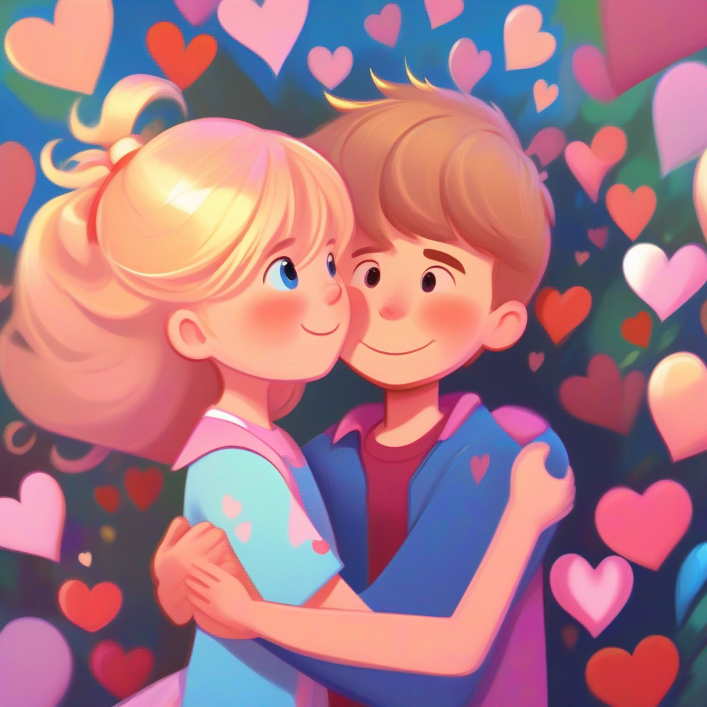 Friendly boy with blonde hair, blue shirt, and a helpful smile. and Happy girl with brown hair, pink dress, and a sad expression. hugging, colorful hearts surrounding them.