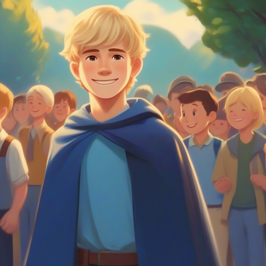 Friendly boy with blonde hair, blue shirt, and a helpful smile. with a cape, surrounded by people he helped, a grateful town.