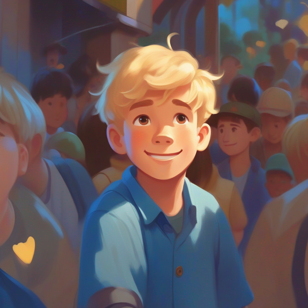 Friendly boy with blonde hair, blue shirt, and a helpful smile.'s face with a thinking bubble and people he helped inside.