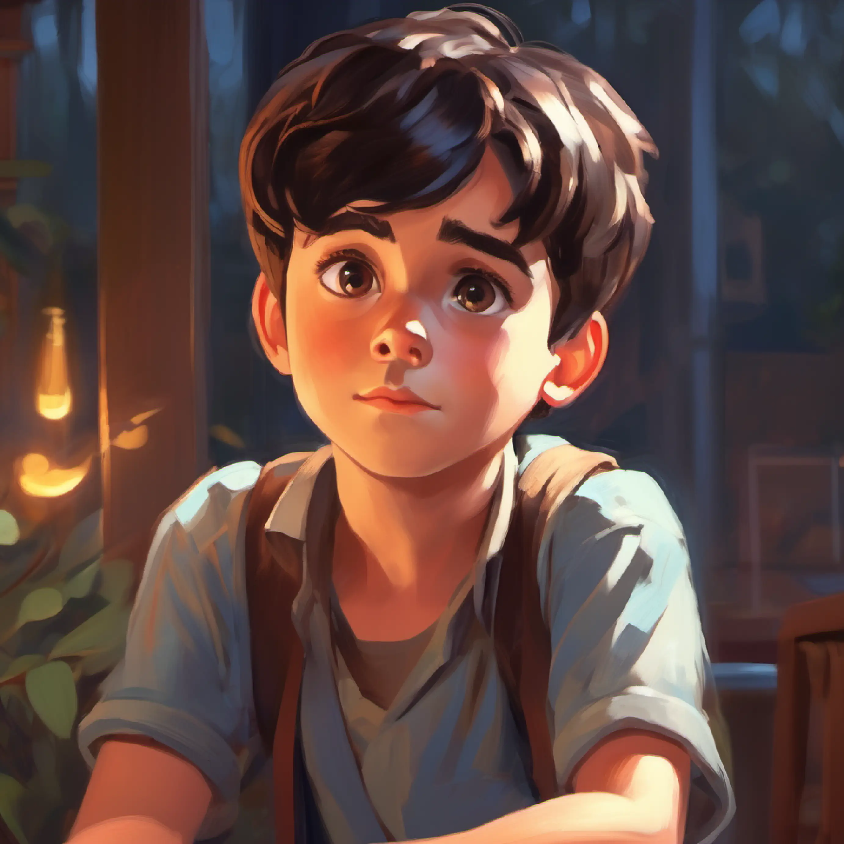 Bright-eyed boy, short dark hair, brown eyes, eager expression frowning, reflecting on a conversation with his dad.