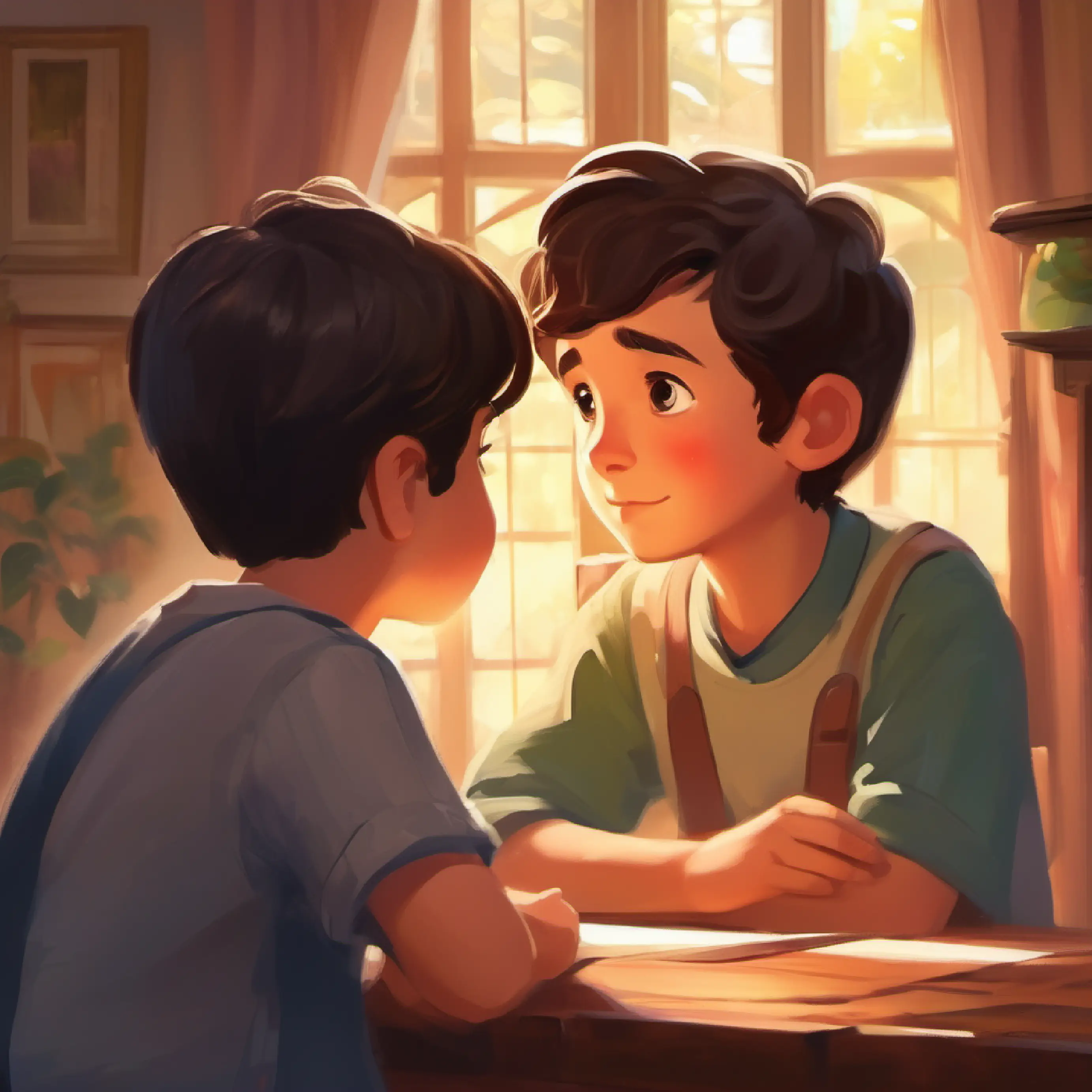 A curious Bright-eyed boy, short dark hair, brown eyes, eager expression asks his dad a heartfelt question.