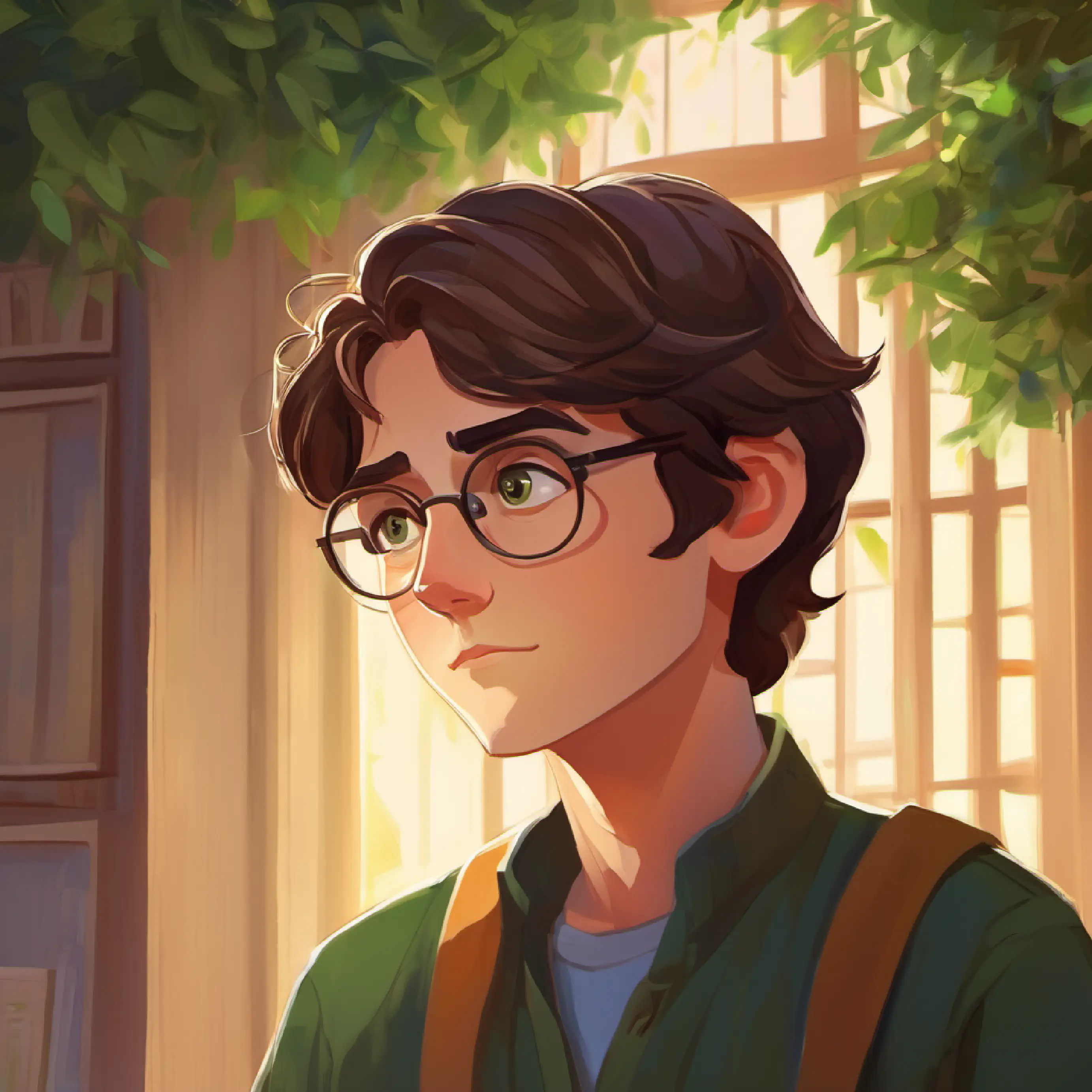 Older, tall, glasses, brown hair, green eyes, thoughtful endorses Bright-eyed boy, short dark hair, brown eyes, eager expression's decision to be true to himself.