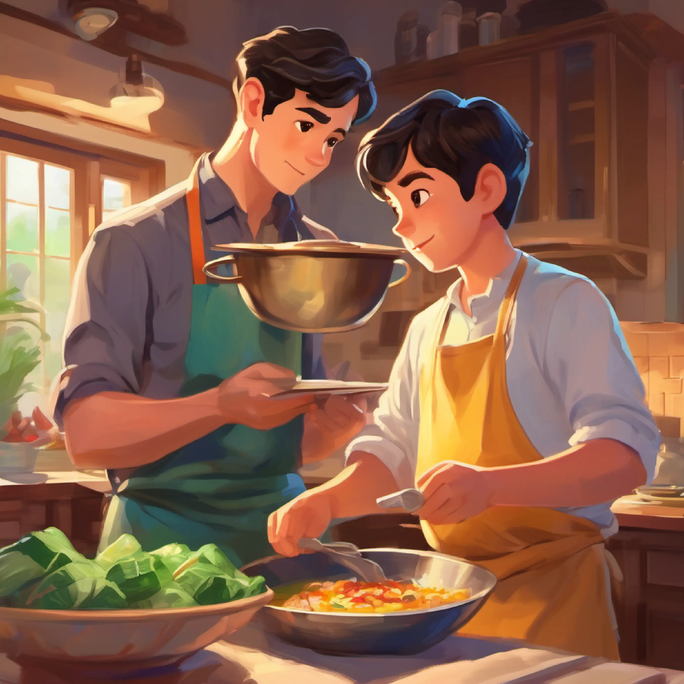 Dad cooking, advising Bright-eyed boy, short dark hair, brown eyes, eager expression to focus on education and money.