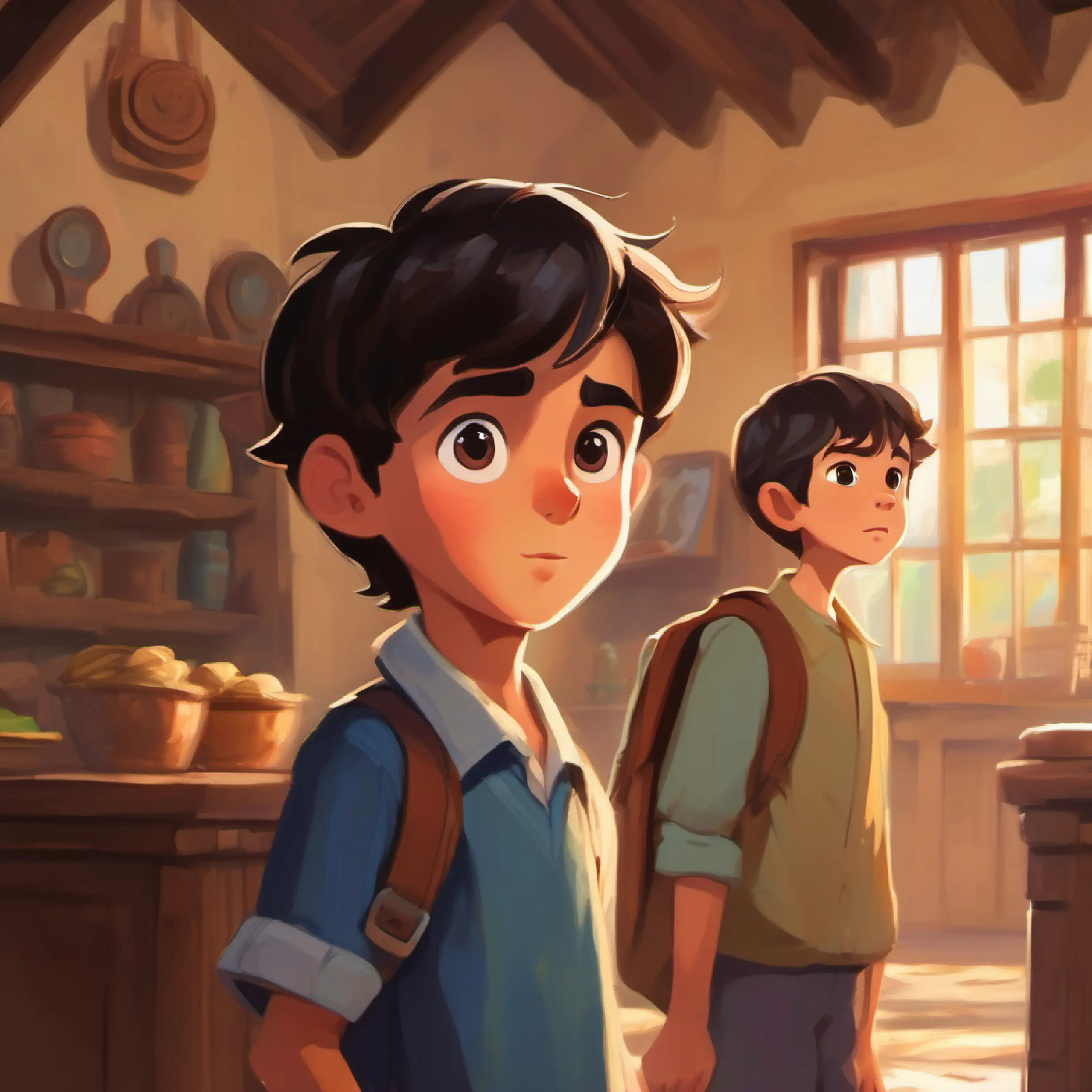 Bright-eyed boy, short dark hair, brown eyes, eager expression, puzzled by his dad's words, approaching his brother.