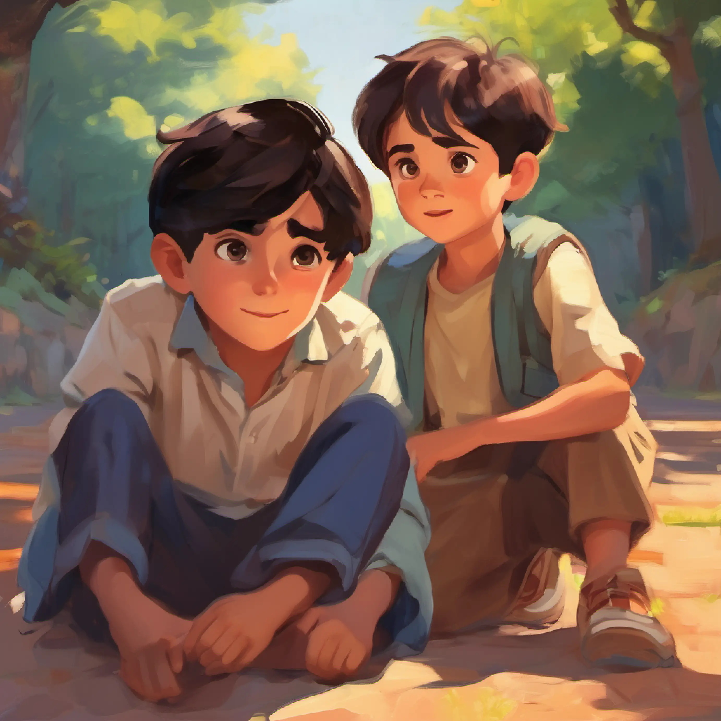 Bright-eyed boy, short dark hair, brown eyes, eager expression asks his older brother about his future dreams.