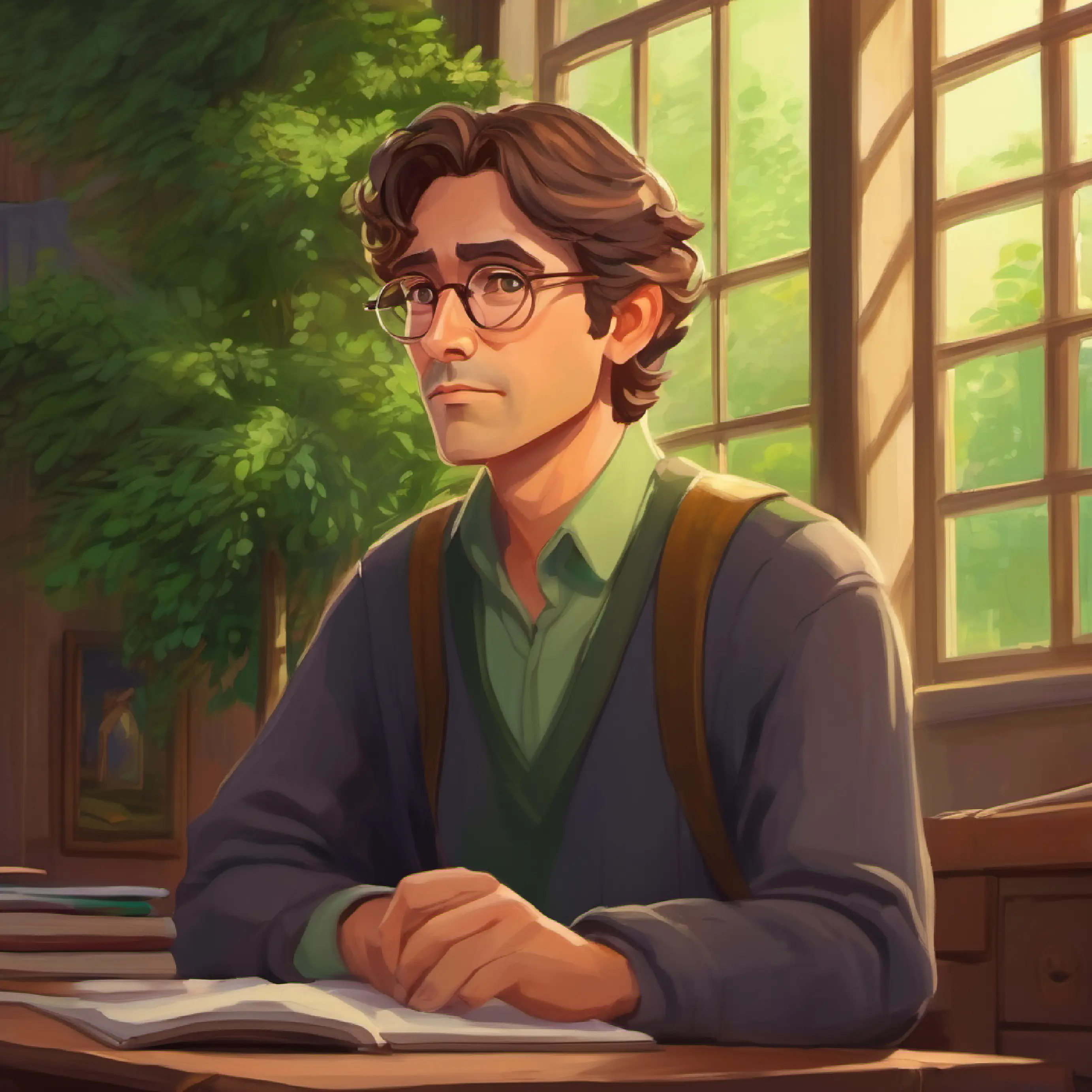 Older, tall, glasses, brown hair, green eyes, thoughtful looking solemn, sharing his dreams of teaching.