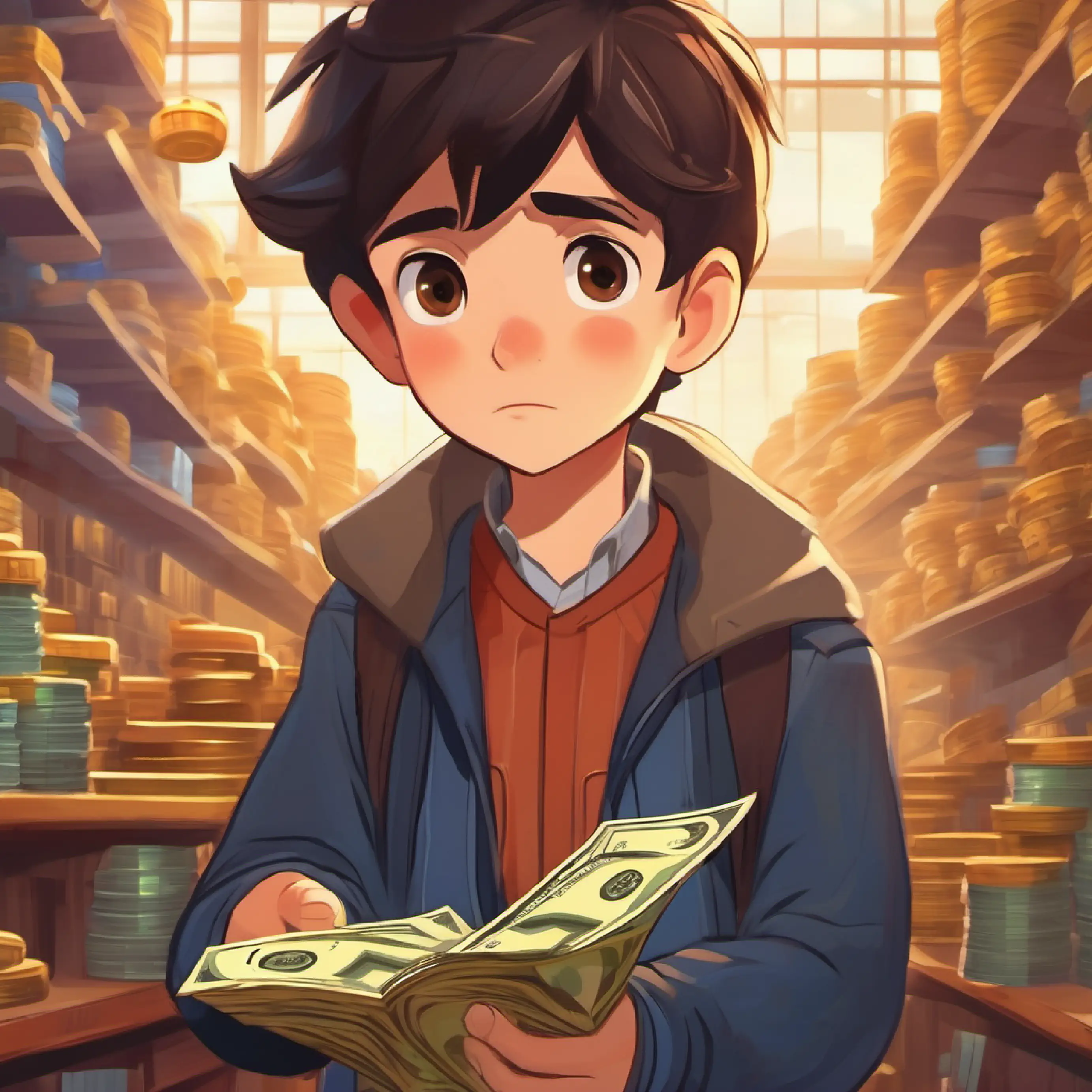 Bright-eyed boy, short dark hair, brown eyes, eager expression feeling frustrated about the importance of money.