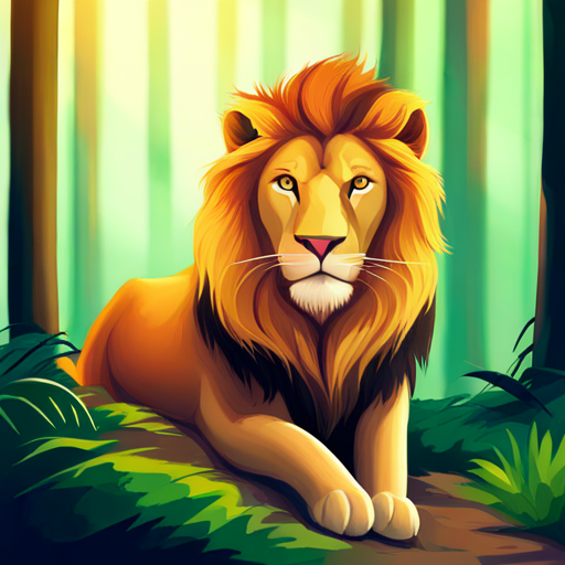 A lion named Gentle lion with golden mane and a kind expression. in the forest