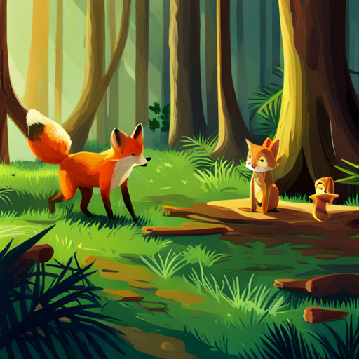 Fox and lion playing games in the forest