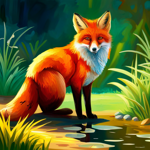 Clever fox with orange fur and a mischievous smile. helping weaker animals near the pond