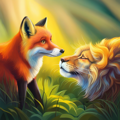 Clever fox with orange fur and a mischievous smile. talking to Gentle lion with golden mane and a kind expression. about the situation