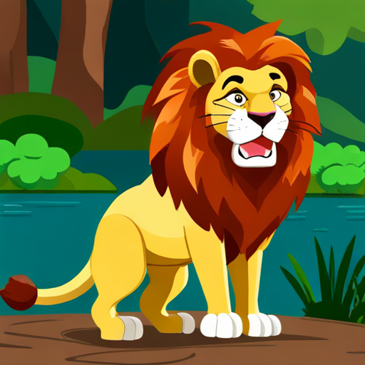 Gentle lion with golden mane and a kind expression. roaring at the animals near the pond