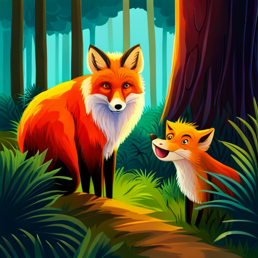 Clever fox with orange fur and a mischievous smile. and Gentle lion with golden mane and a kind expression. together in the forest
