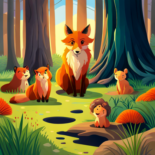 Clever fox with orange fur and a mischievous smile. and Gentle lion with golden mane and a kind expression. together, surrounded by their forest friends
