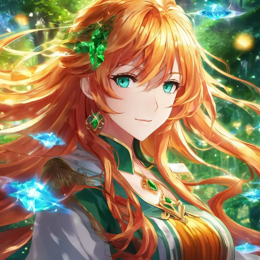 Golden hair, sky-blue eyes meets Fiery hair, sparkling emerald eyes in a magical setting, description of Fiery hair, sparkling emerald eyes's appearance.
