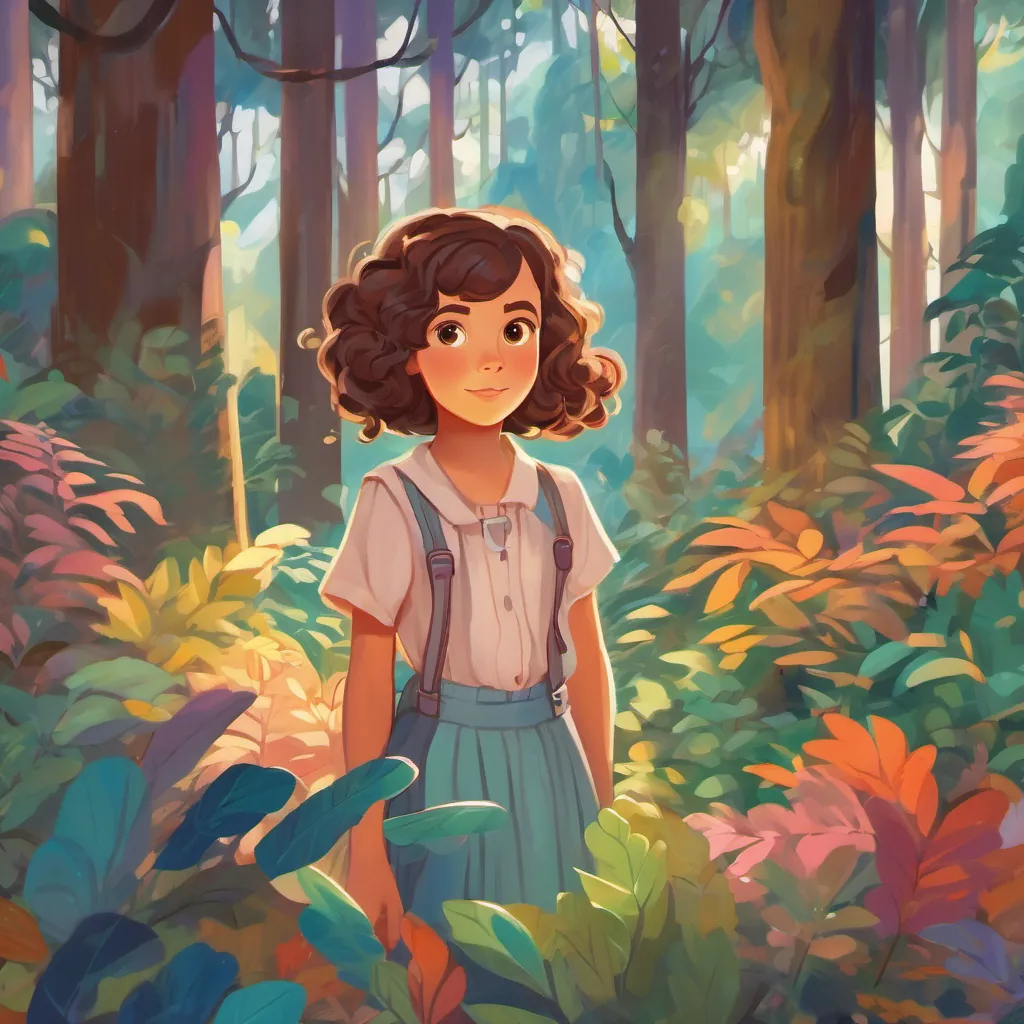 A young girl with bouncy brown curls and wide eyes standing in a lush, colorful forest.