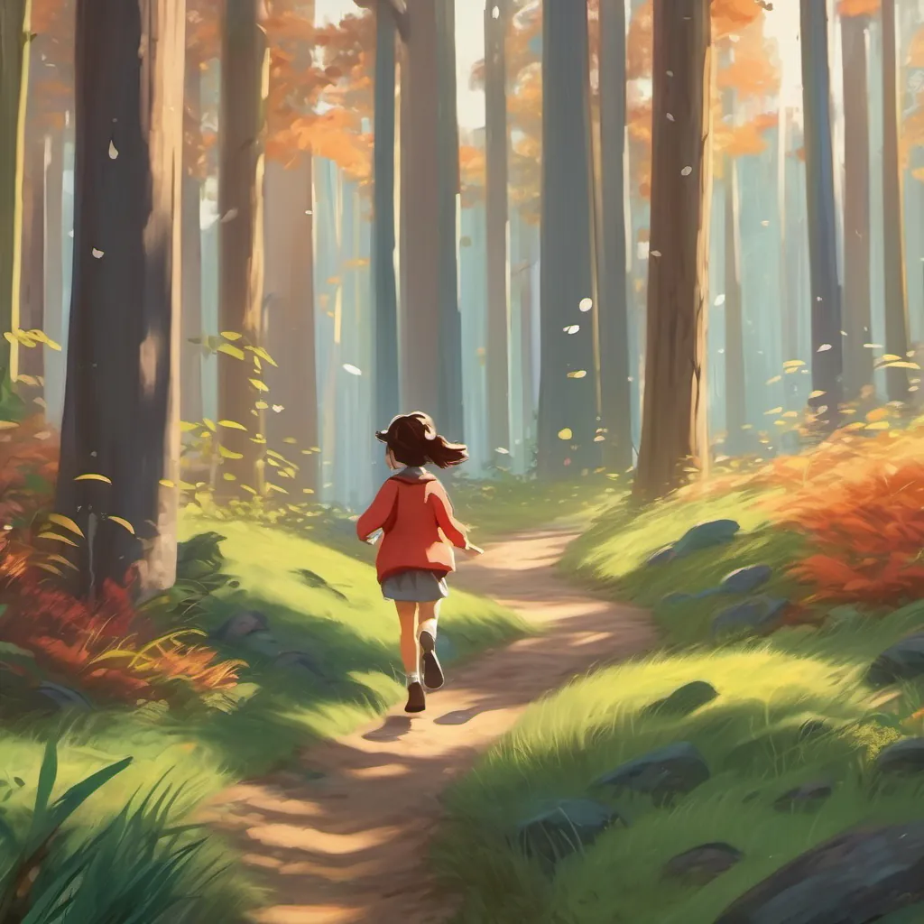 A little girl skipping on a forest path, startled by a loud crash echoing in the distance.