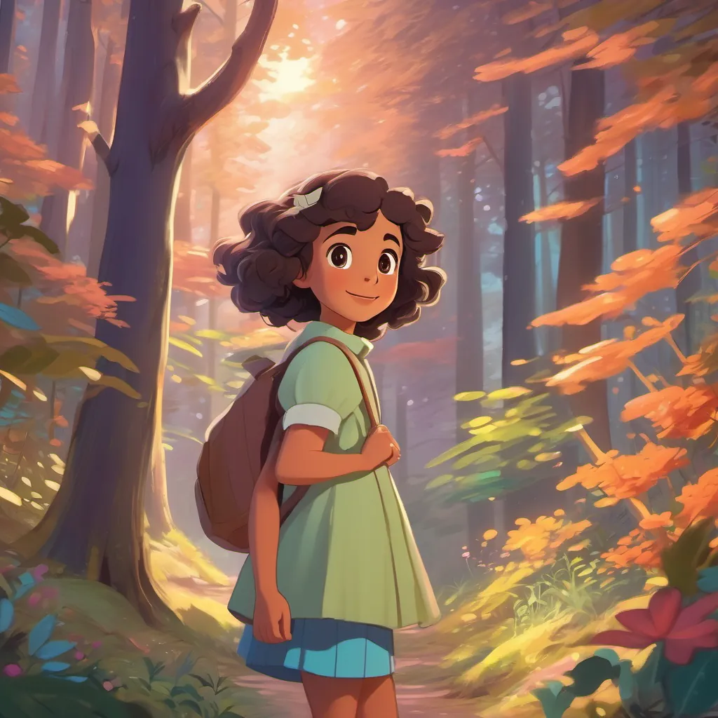 A young girl with bouncy brown curls and wide eyes, wearing colorful clothes, exploring a lush forest waving goodbye to the magical tree, the forest bathed in the soft glow of twilight.