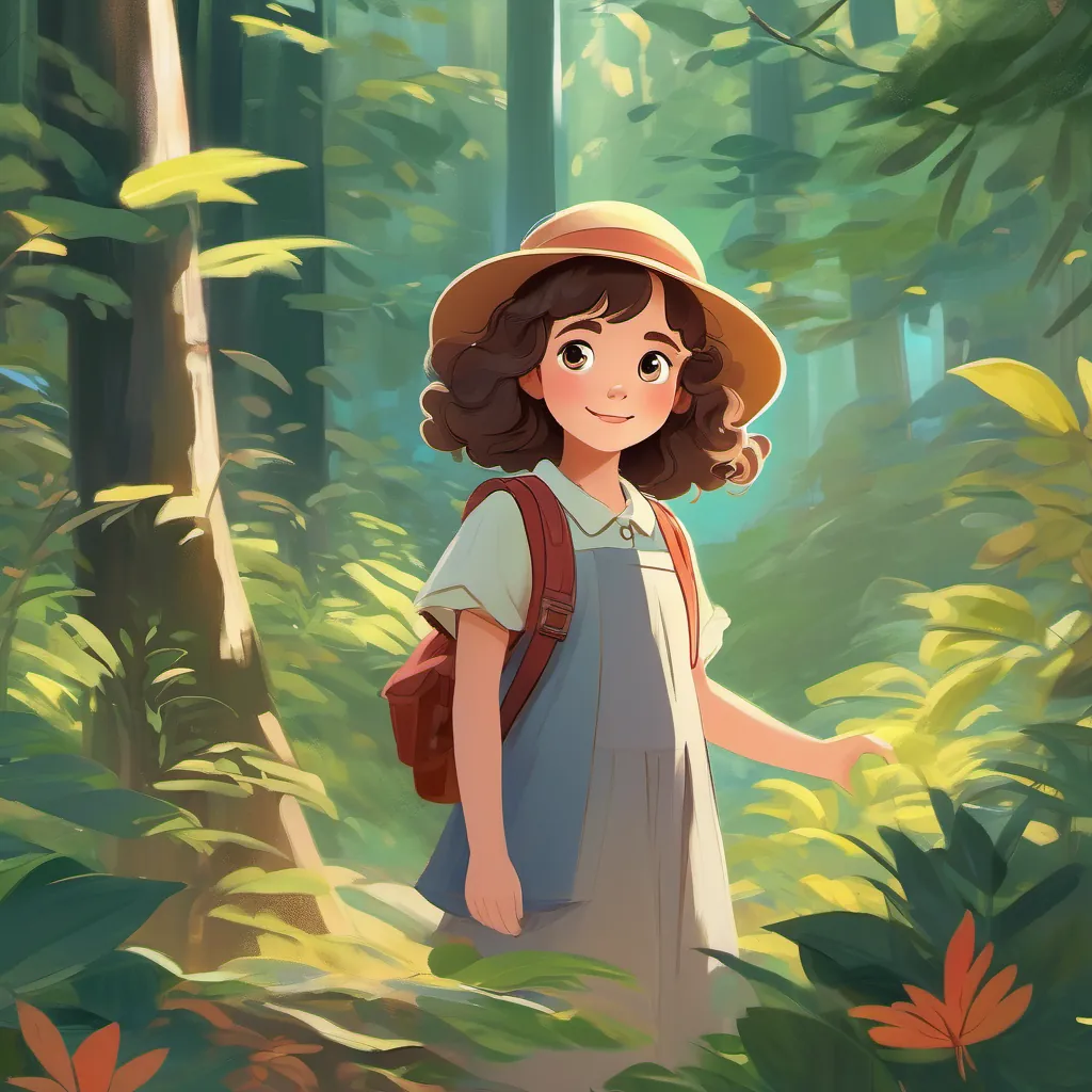 A dreamy scene of A young girl with bouncy brown curls and wide eyes, wearing colorful clothes, exploring a lush forest standing in the forest, embracing the magic and love of her adventure.