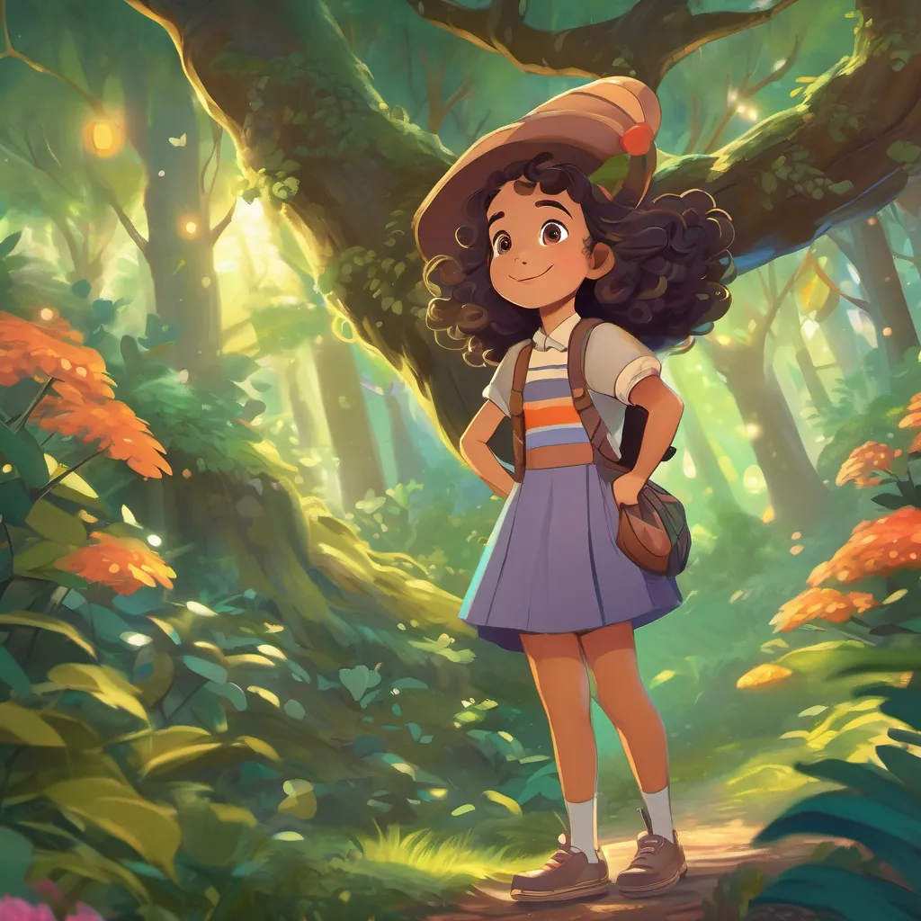 A young girl with bouncy brown curls and wide eyes, wearing colorful clothes, exploring a lush forest grinning at a magical tree that sparkles and twinkles, seeming to talk back to her.