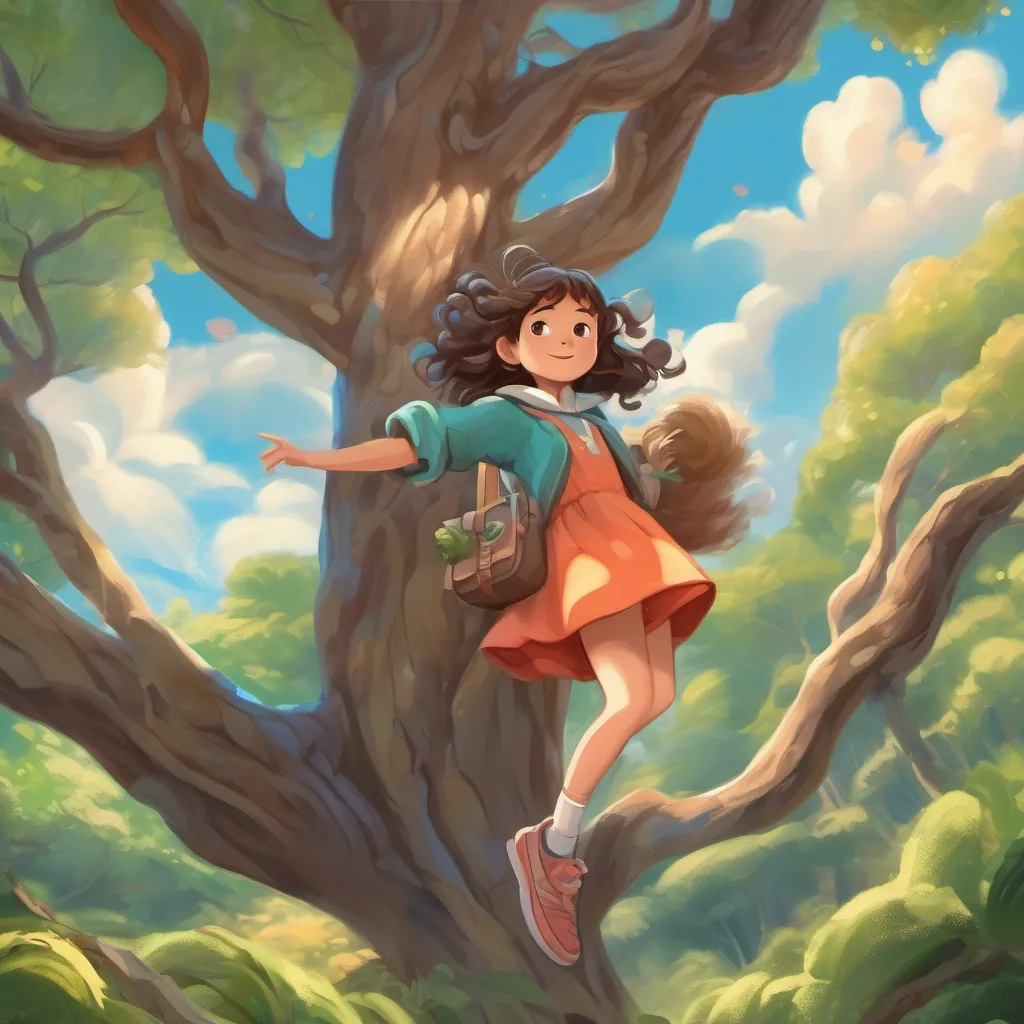 A young girl with bouncy brown curls and wide eyes, wearing colorful clothes, exploring a lush forest touching the tree trunk and lifting up with tree branches towards the sky, surrounded by fluffy clouds.