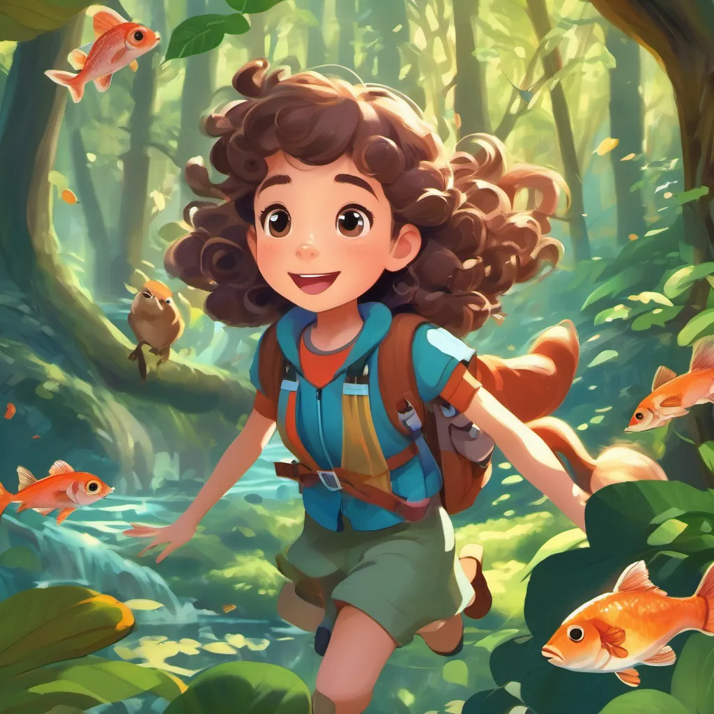 A young girl with bouncy brown curls and wide eyes, wearing colorful clothes, exploring a lush forest flying above the forest, surrounded by swirling leaves, while animals like squirrels and fish wave from below.