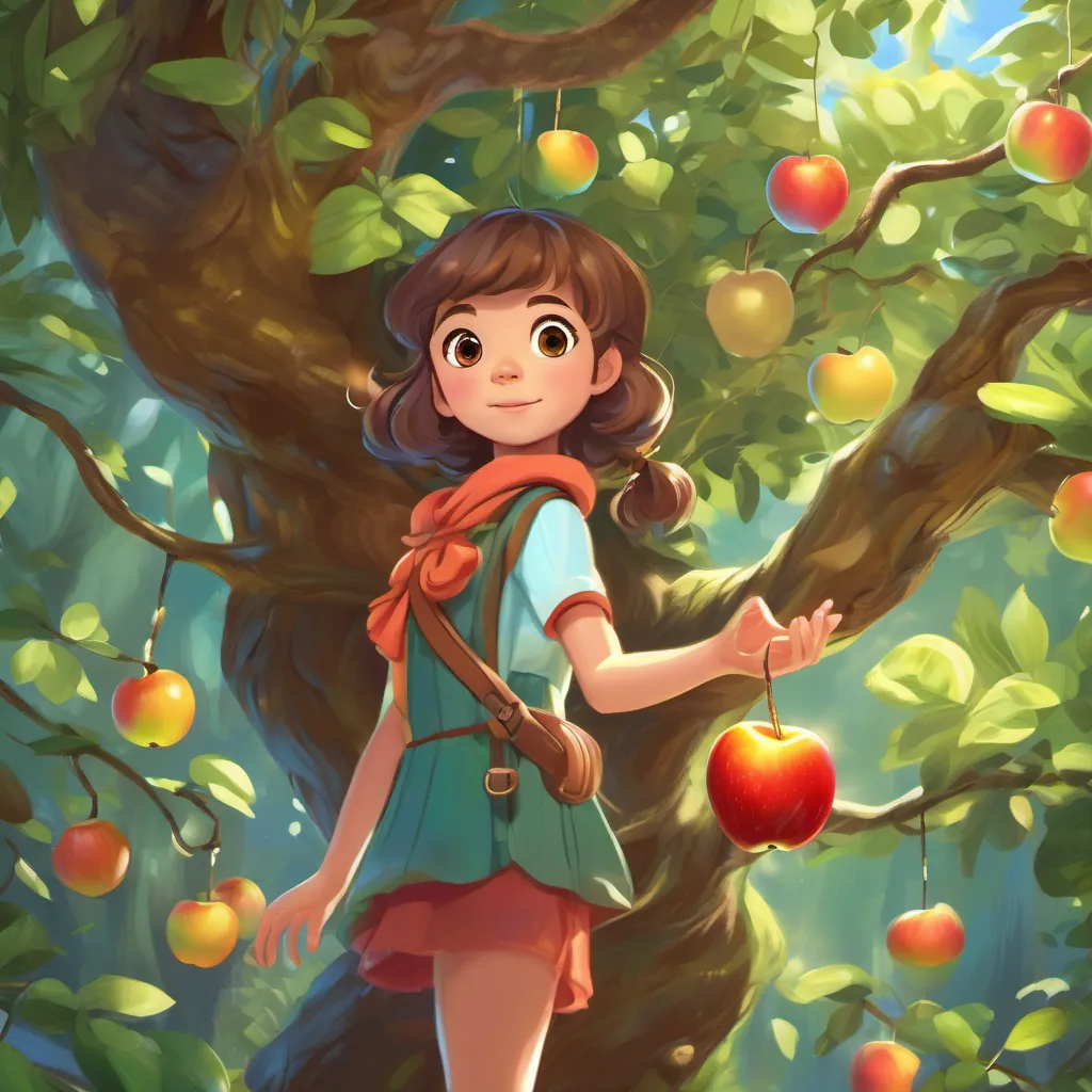 A young girl with bouncy brown curls and wide eyes, wearing colorful clothes, exploring a lush forest reaching for a luminous golden apple hanging from the magical tree's branches.