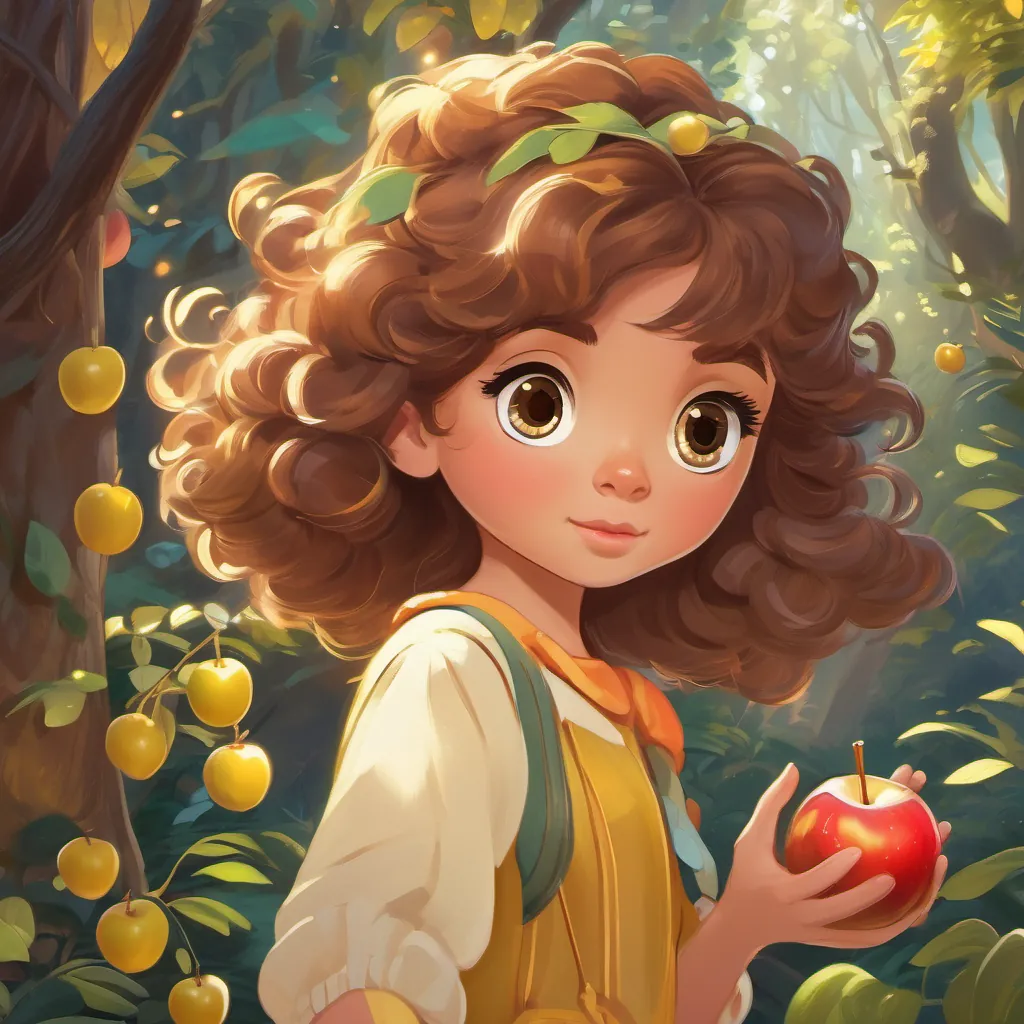 A young girl with bouncy brown curls and wide eyes, wearing colorful clothes, exploring a lush forest holding a glowing golden apple, which magically starts to sing a song.