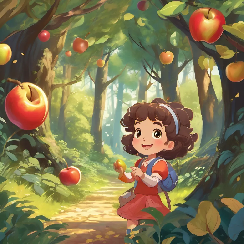 A young girl with bouncy brown curls and wide eyes, wearing colorful clothes, exploring a lush forest laughing and blowing a kiss to the golden apple, which floats gently near her.