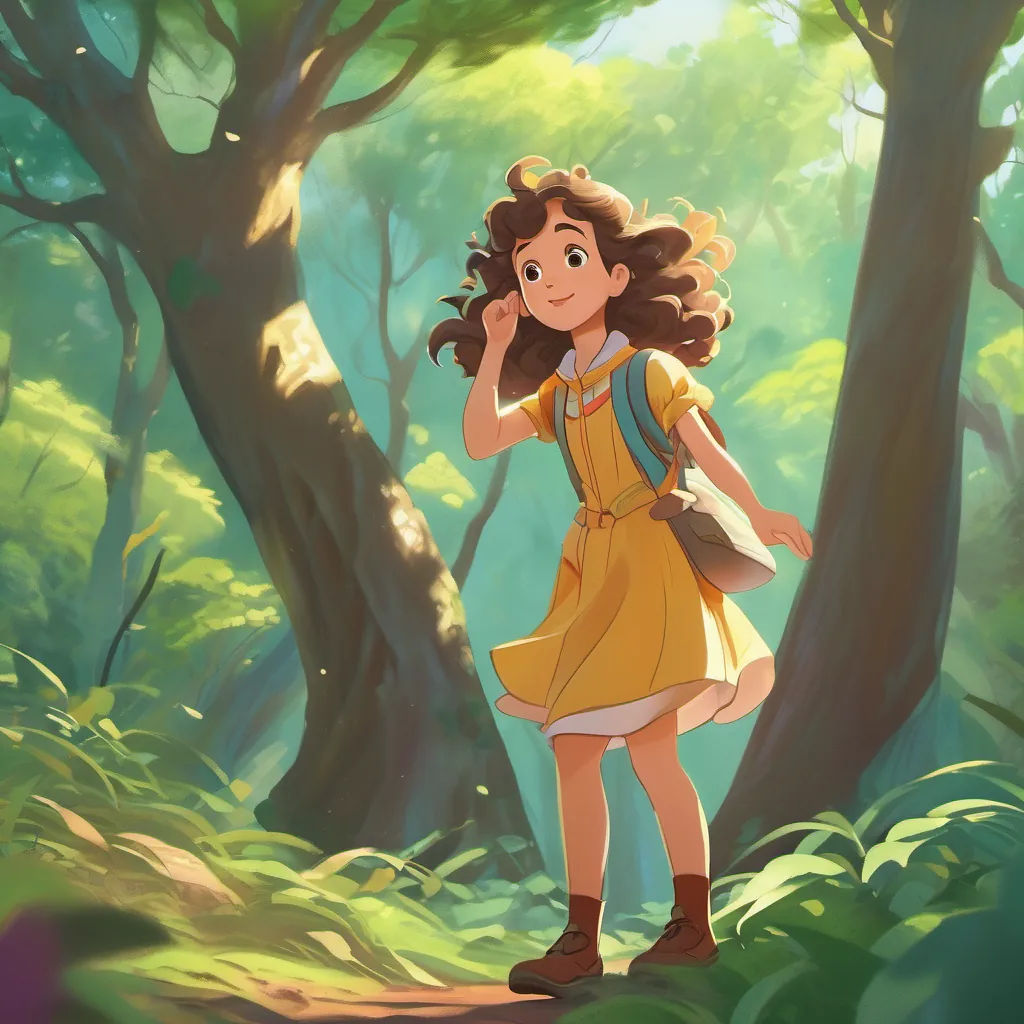 A young girl with bouncy brown curls and wide eyes, wearing colorful clothes, exploring a lush forest gently landing back on the forest ground, a magical tree winking goodbye with colorful breezes.