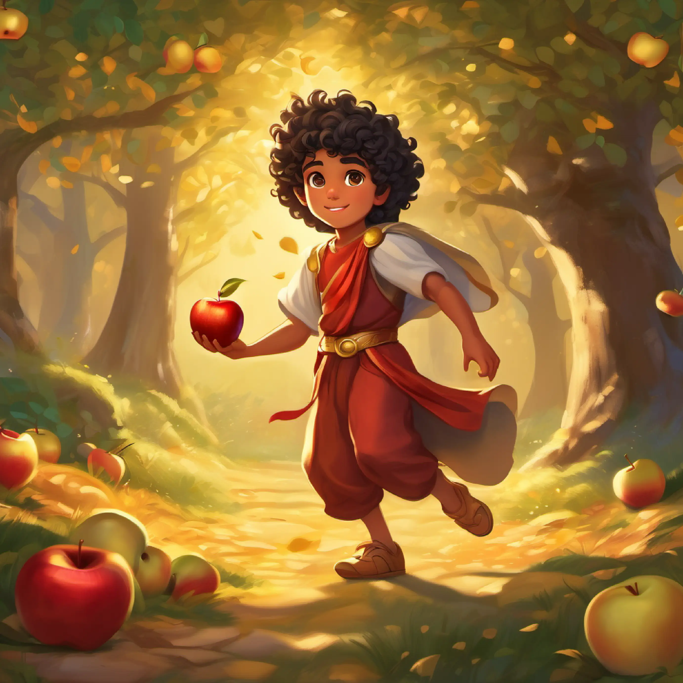 Young hero, dark curly hair, sparkling eyes, brave heart, fast feet finds a golden apple, Goddess, giver of the golden apple, wise and kind gives him a challenge.