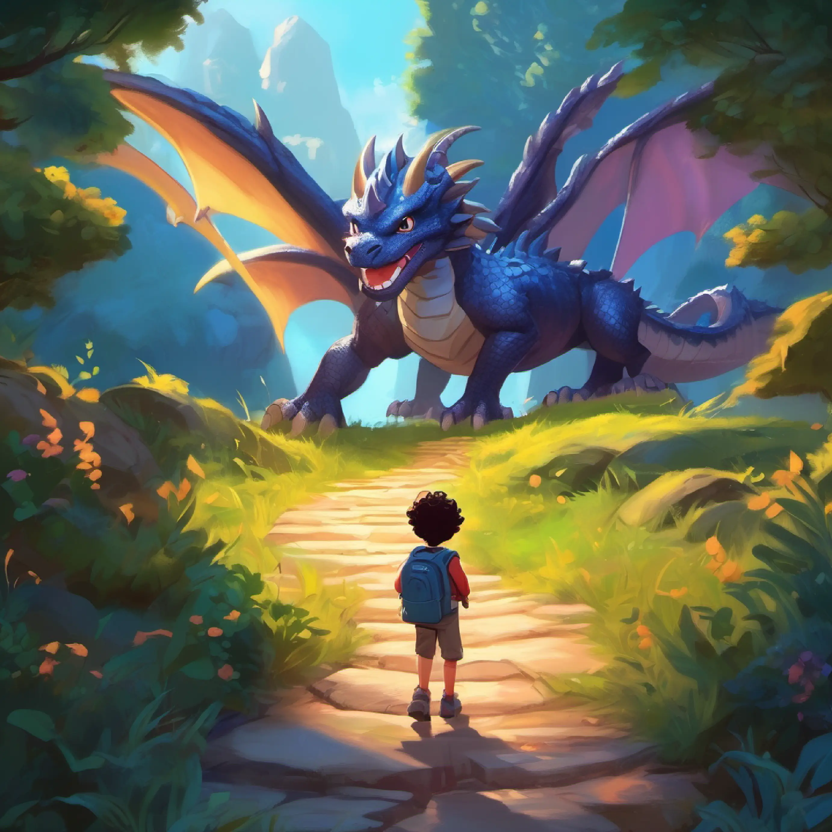 Young hero, dark curly hair, sparkling eyes, brave heart, fast feet accepts the challenge, feels courage, and learns about a dragon nearby.