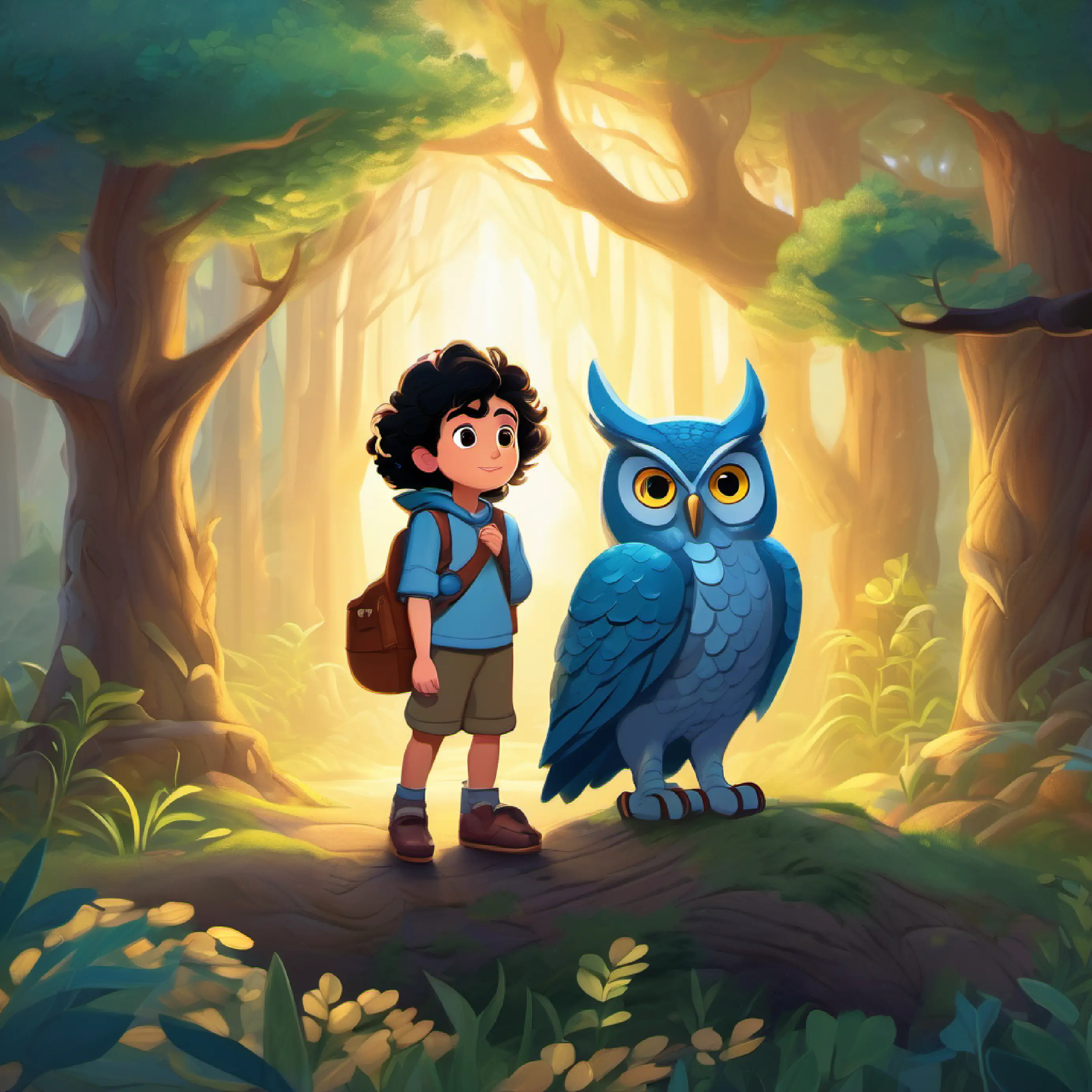 Young hero, dark curly hair, sparkling eyes, brave heart, fast feet meets Sophia the owl, learns about the dragon’s loneliness.