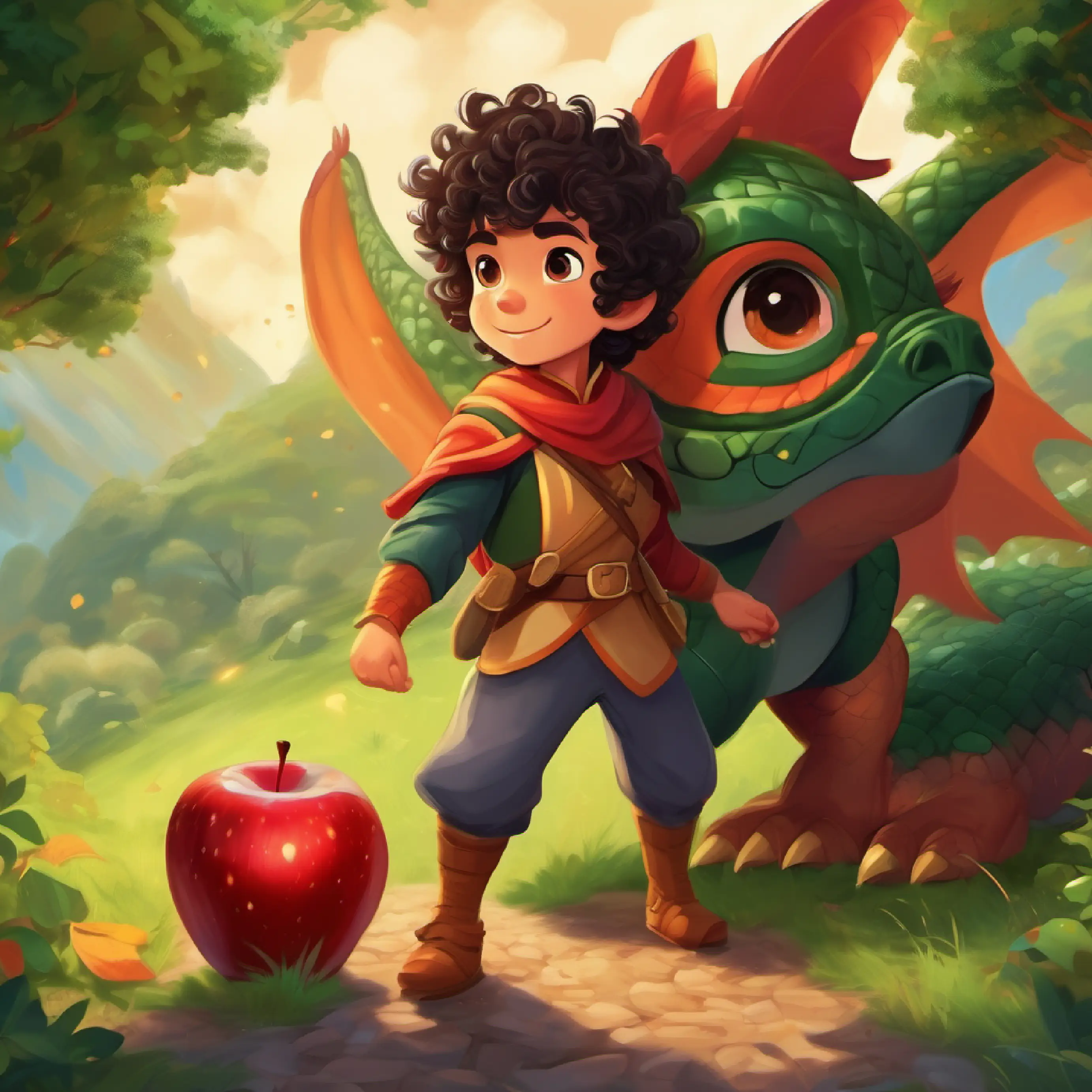 Young hero, dark curly hair, sparkling eyes, brave heart, fast feet talks to the dragon, shares the apple, and they become friends.