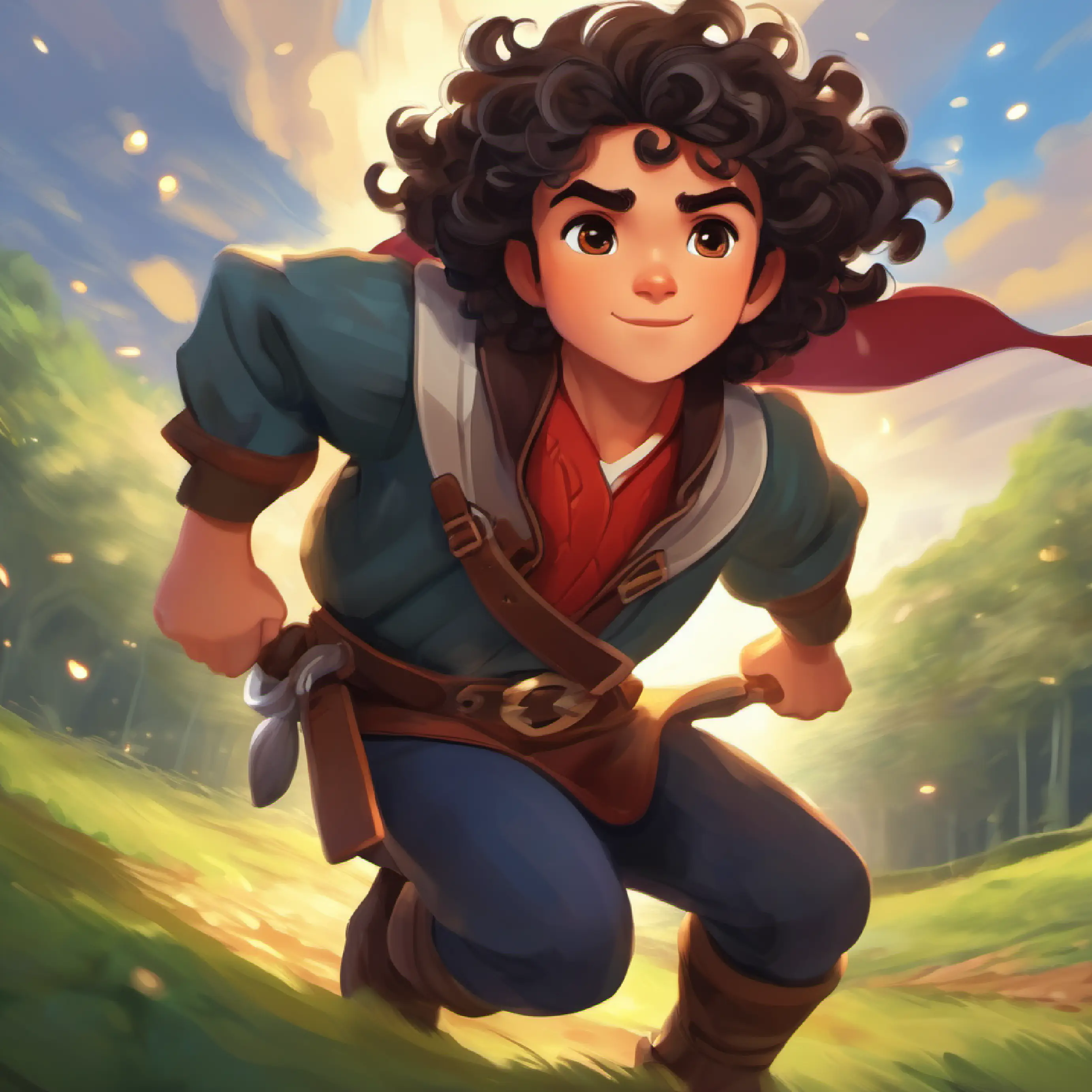 Young hero, dark curly hair, sparkling eyes, brave heart, fast feet returns as a hero, realizing friendship is a brave adventure.
