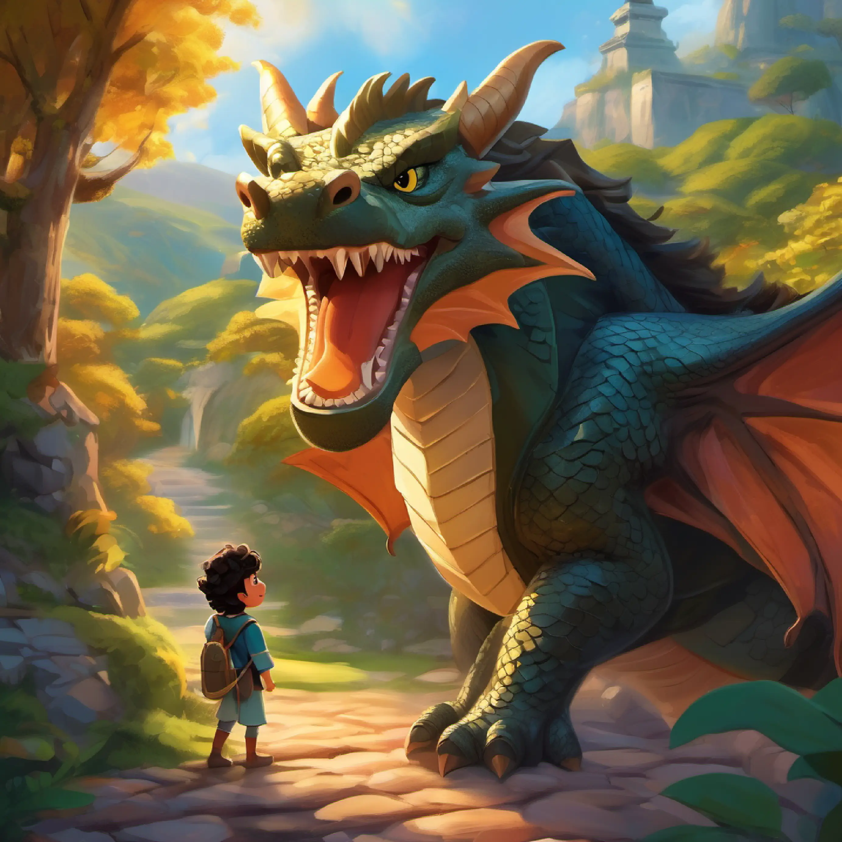 Young hero, dark curly hair, sparkling eyes, brave heart, fast feet and the dragon share stories, teaching that true bravery is in kindness.