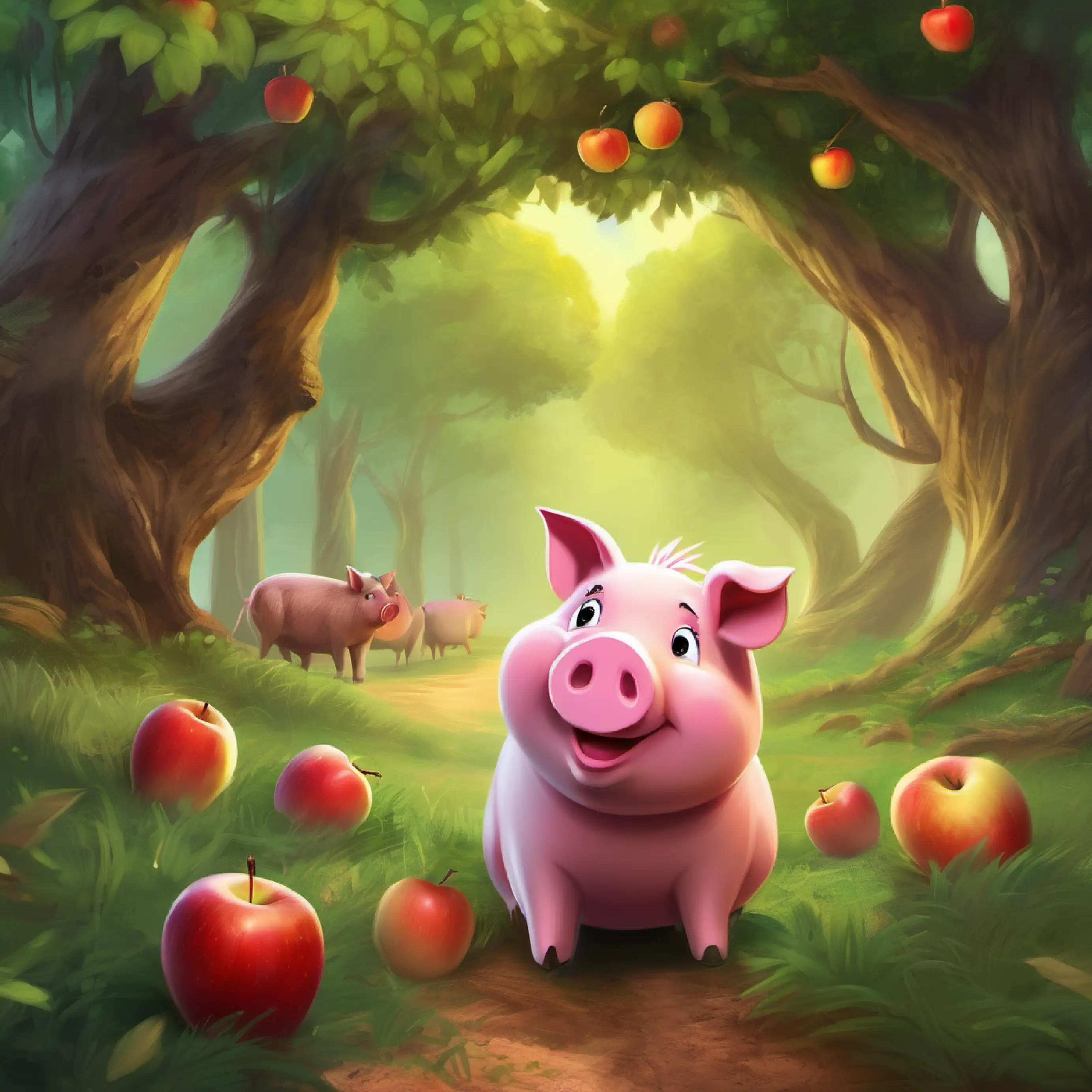 Piggy sets out on an apple-finding adventure, excited.